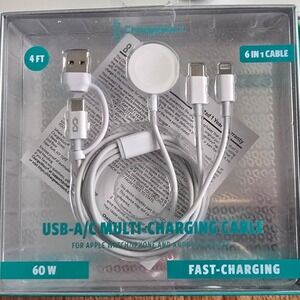 Chargeworx  6-in-1 Multi-Charging Cable 4ft 60W USB-A USB-C apple android new